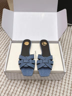 YSL 26ss Flat Slippers Blue Denim Leather 654727