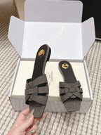 YSL 26ss Flat Slippers Dark Gray Denim Leather 654728