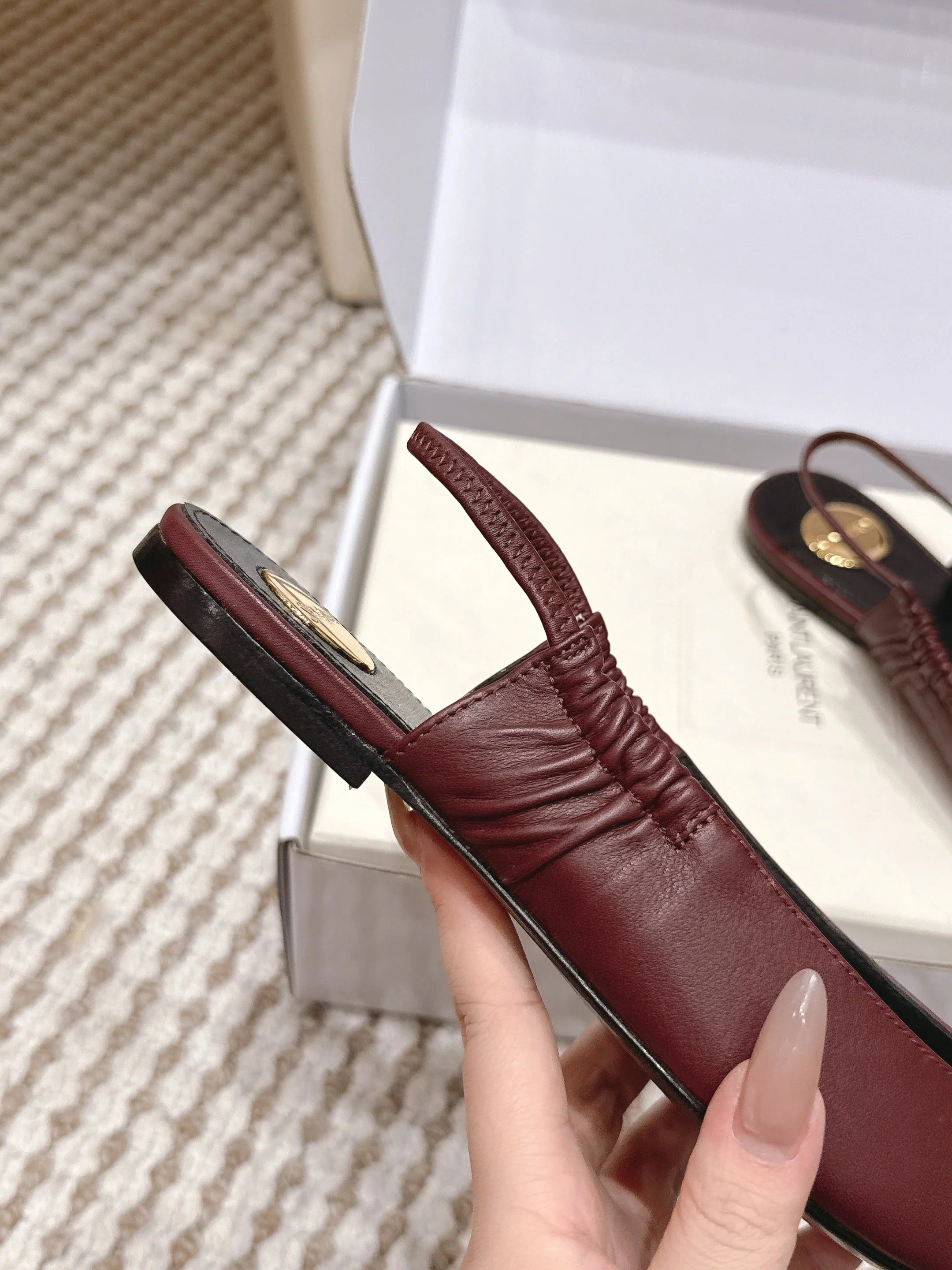 YSL 26ss Flat Slingback Burgundy Sheepskin 654714