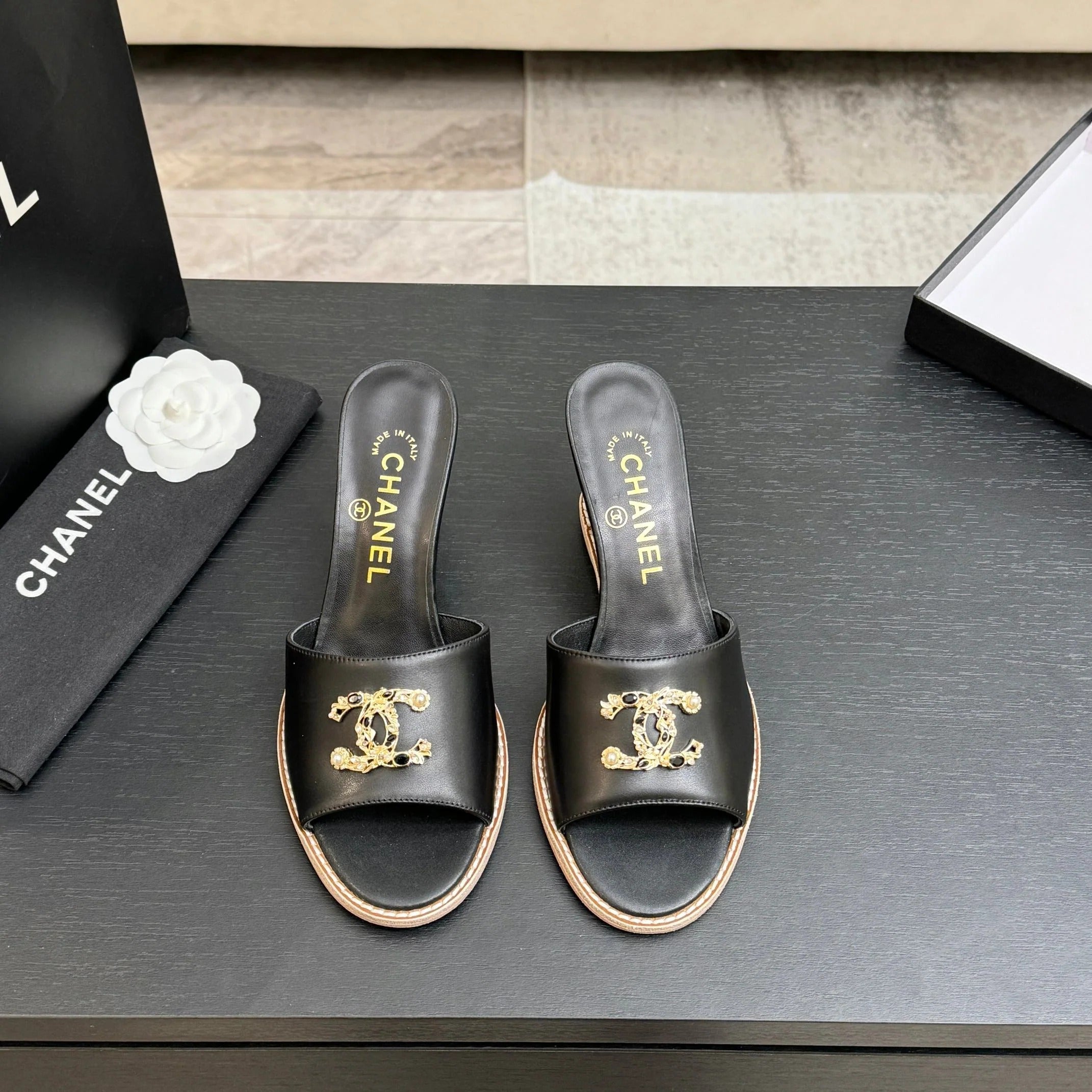 CC 2026 Wedge Sandals 65 Black Lambskin Gold Black Logo 667764