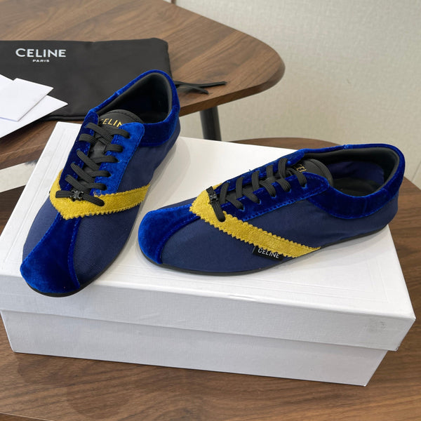 Celine 26 Flat Sneaker Dark Blue Yellow Canvas Suede 624713