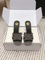YSL 26ss High-Heeled Slippers 75 Dark Gray Canvas Calfskin 654748