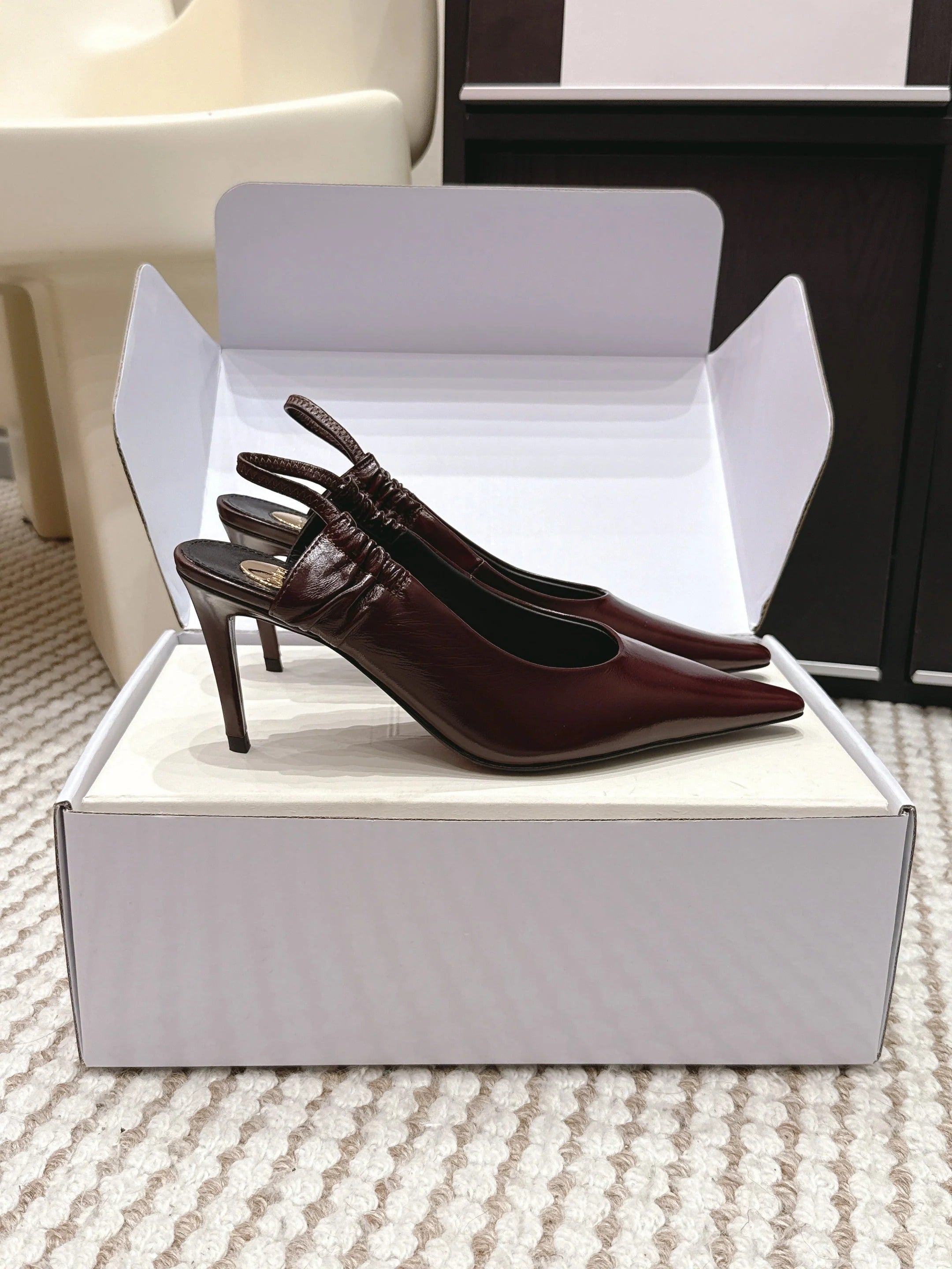 YSL 26ss Slingback 75 Burgundy Glossy Leather 654717