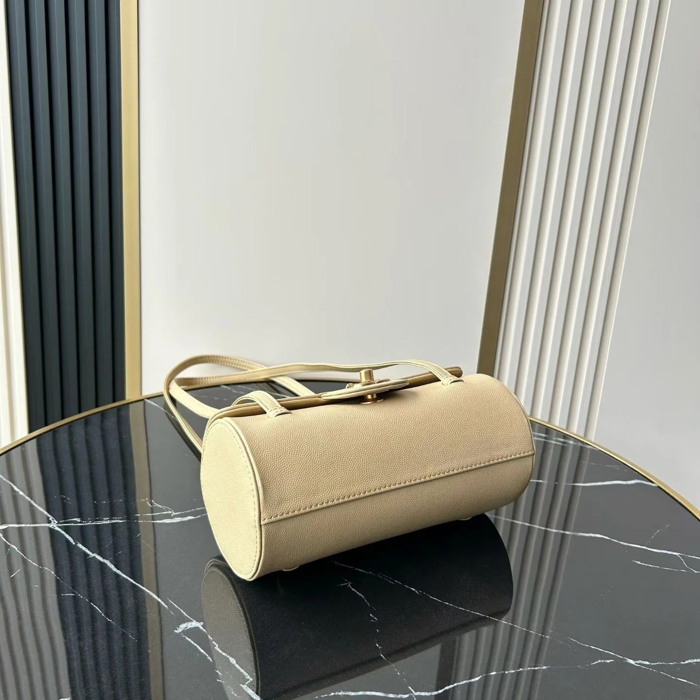 Chanel 2026 Bowling Ball Cylinder Bag 20.5cm Beige Caviar Leather 345493