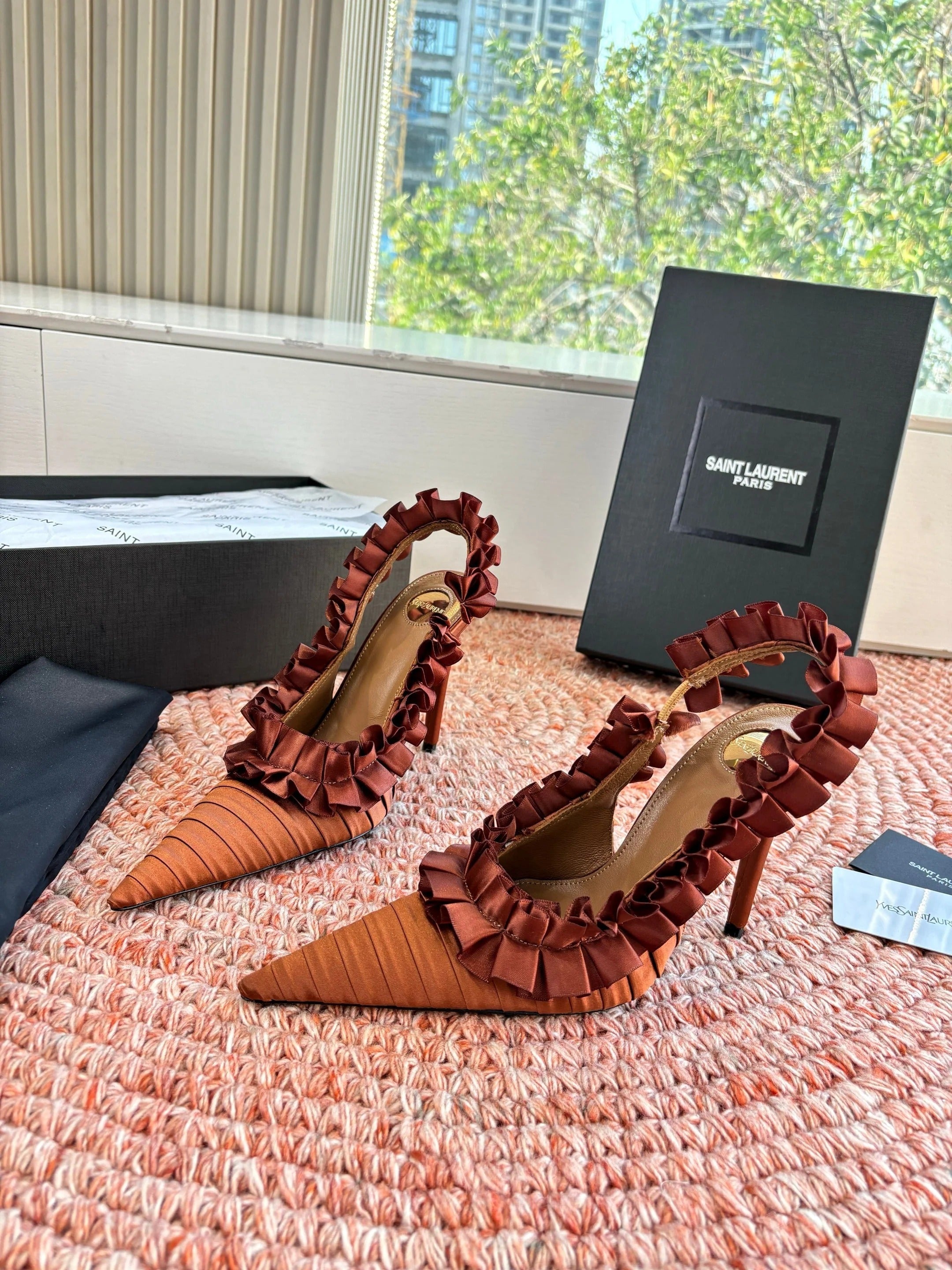 YSL 26ss Slingback Camel Brown Silk Leather 648841