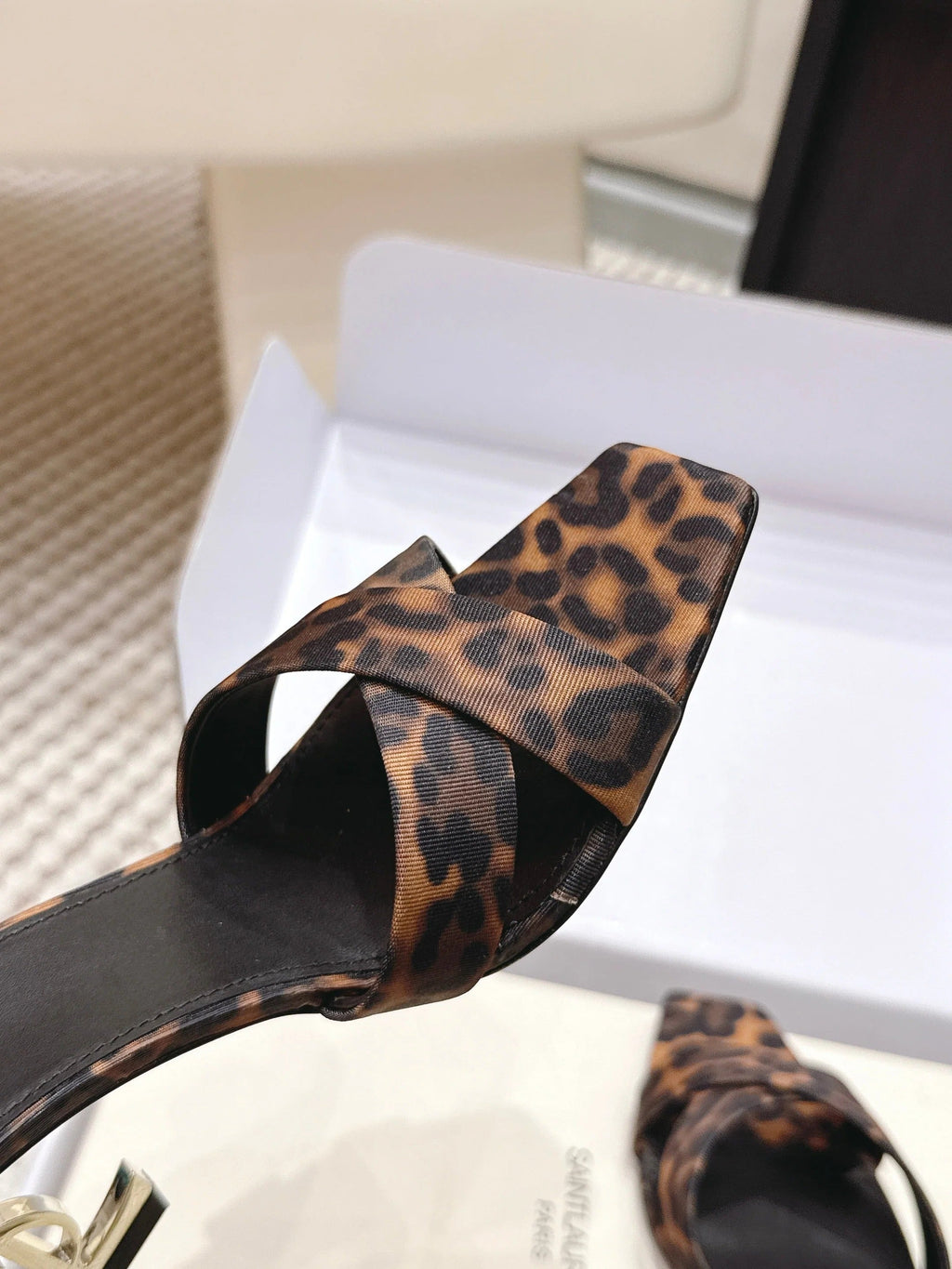 YSL 26ss High-Heeled Mules 85 Leopard Print Fabric Leather 660675