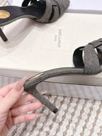 YSL 26ss High-Heeled Slippers 75 Dark Gray Canvas Calfskin 654748