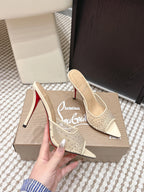 CL 26SS High-Heeled Slippers 100 Beige Mesh Rhinestone Leather 658055