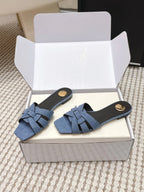YSL 26ss Flat Slippers Blue Denim Leather 654727