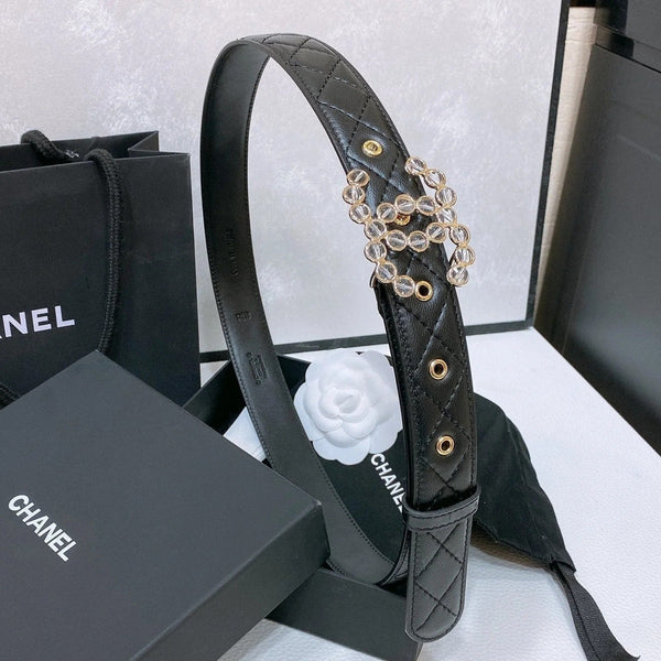 CC BELT 30 MM IN BLACK EMBROIDERED CALFSKIN PEARL LOGO WITH GOLD HARDWARE