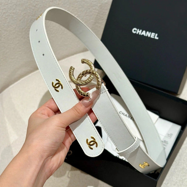 DOUBLE C BELT 30MM IN WHITE CALFSKIN GOLD BUCKLE WITH EMBOSSED CHECK PATTERN