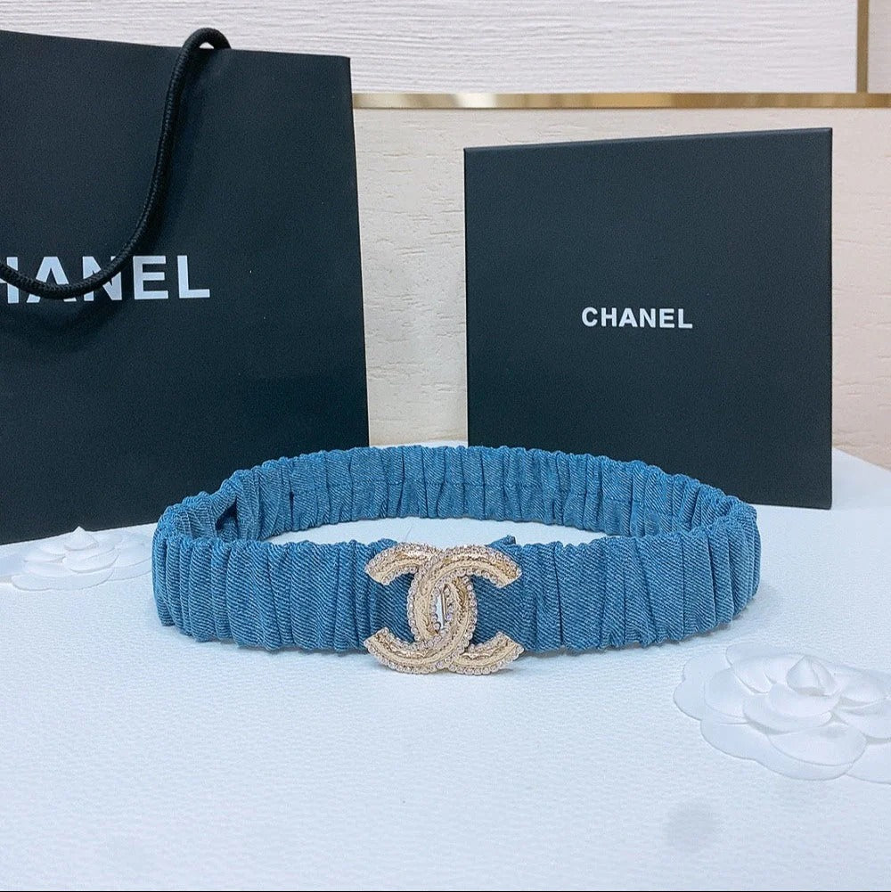 DOUBLE C ELASTIC BELT 30MM IN BLUE DENIM GOLD BUCKLE EMBOSSED CRYSTAL
