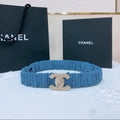 DOUBLE C ELASTIC BELT 30MM IN BLUE DENIM GOLD BUCKLE EMBOSSED CRYSTAL