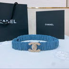 DOUBLE C ELASTIC BELT 30MM IN BLUE DENIM GOLD BUCKLE EMBOSSED CRYSTAL