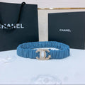 DOUBLE C ELASTIC BELT 30MM IN BLUE DENIM GOLD CRYSTAL STAR EMBELLISHED BUCKLE