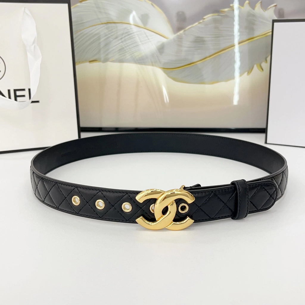 DOUBLE C BELT 30MM IN BLACK QUILTED LEATHER WITH GOLD BUCKLE