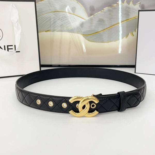 DOUBLE C BELT 30MM IN BLACK QUILTED LEATHER WITH GOLD BUCKLE