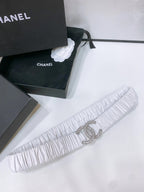 CC ELASTIC BELT 30MM IN WHITE CALFSKIN SILVER HARDWARE WITH RHINSTONES