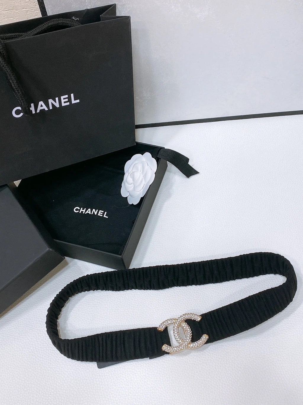 CC ELASTIC BELT 30MM IN BLACK WOOL FABRIC GOLD HARDWARE WITH RHINSTONES