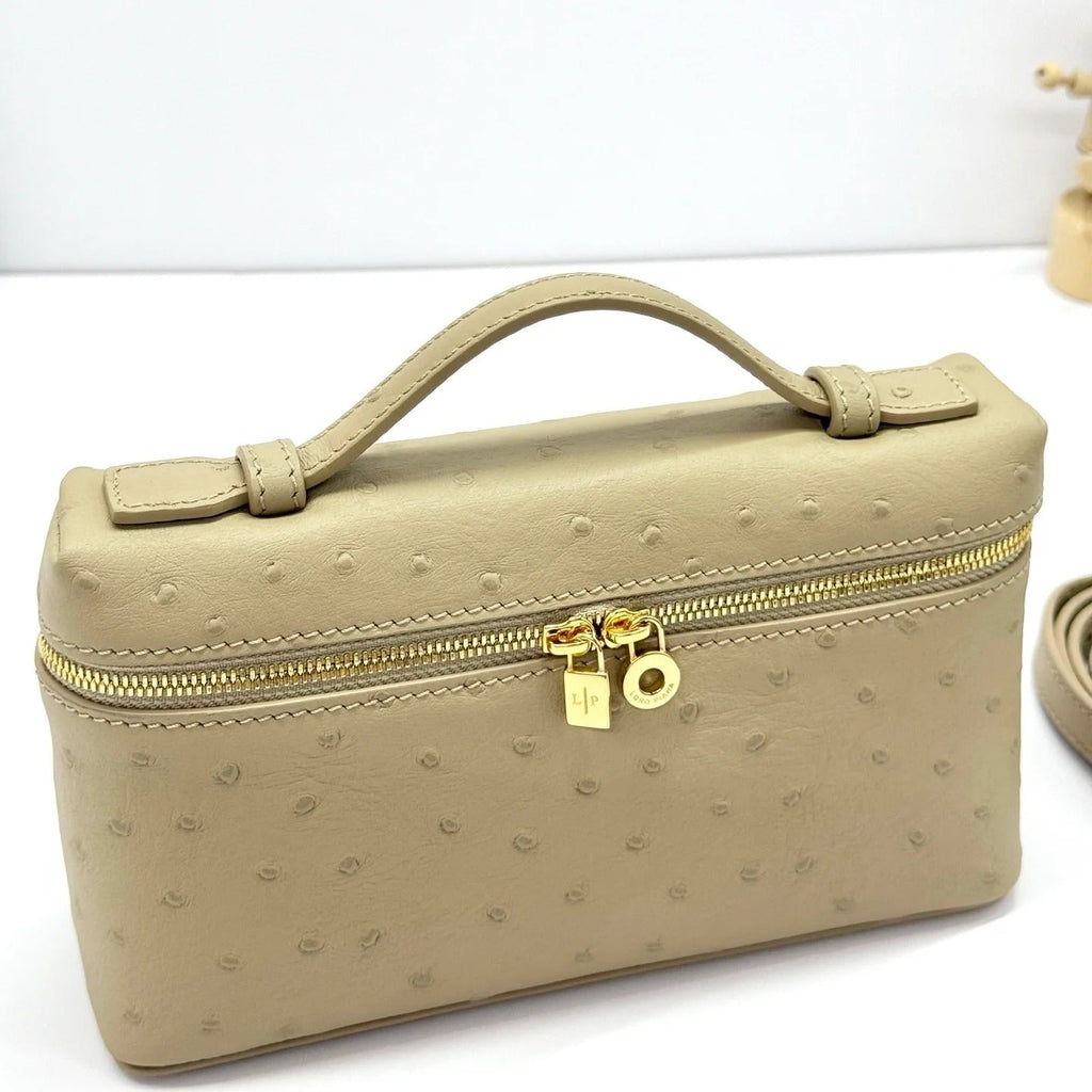 LP Extra Bag 19cm Ostrich Pattern Beige Gold Buckle Calfskin
