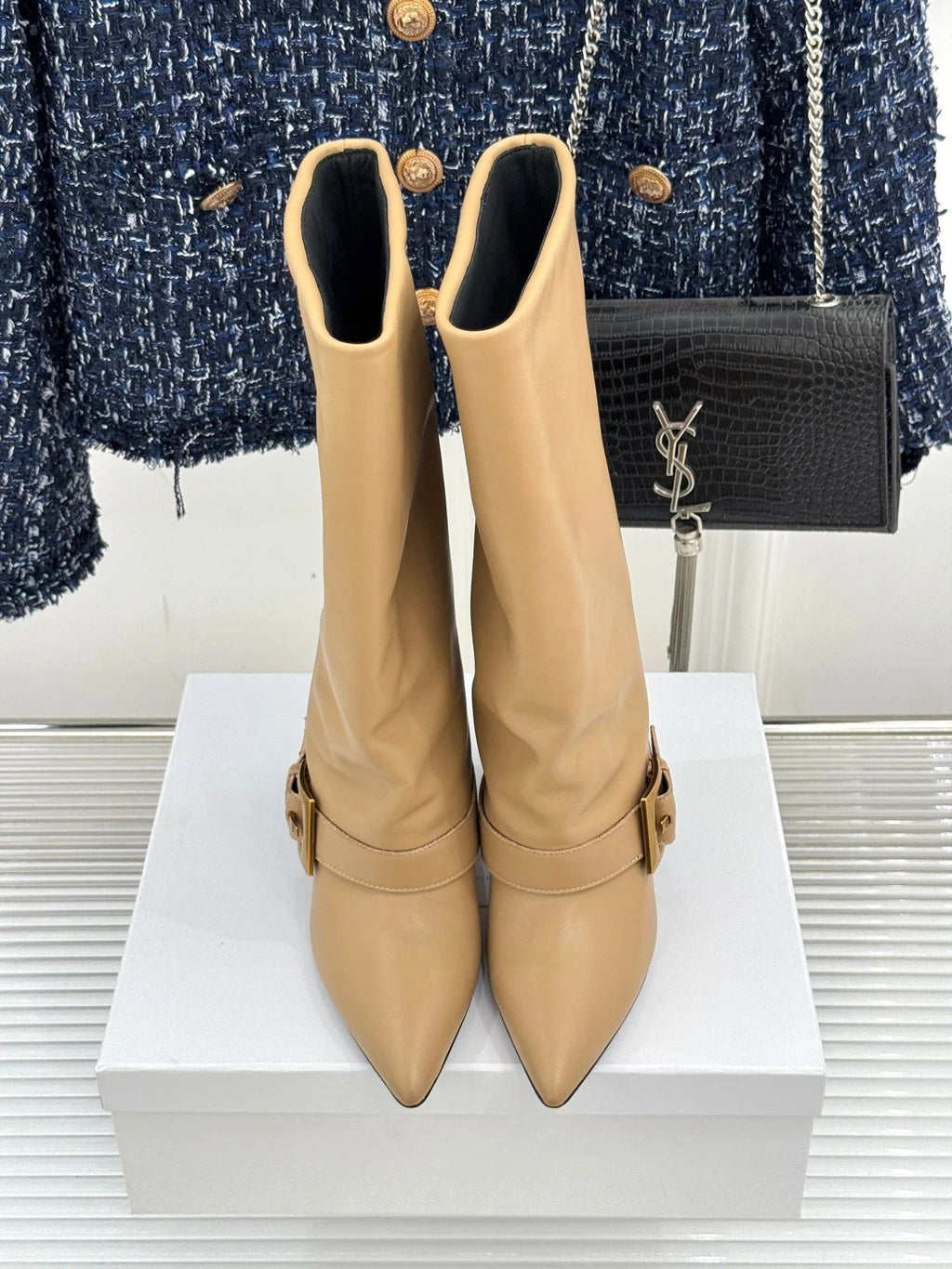 BALMAIN 25S ANTHEM BOOTS IN LIGHT CARAMEL CALFSKIN