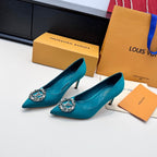 LV 26s Pointed-Toe High Heels 75 Teal Blue Premium Satin 622438