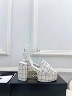 CC 26s HighHeeled Platform Sandals 85 White Black Tweed 631864
