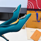 LV 26s Pointed-Toe High Heels 75 Teal Blue Premium Satin 622438