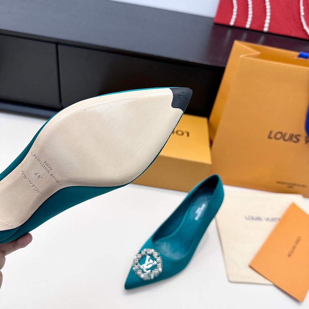 LV 26s Pointed-Toe High Heels 95 Teal Blue Premium Satin 622439