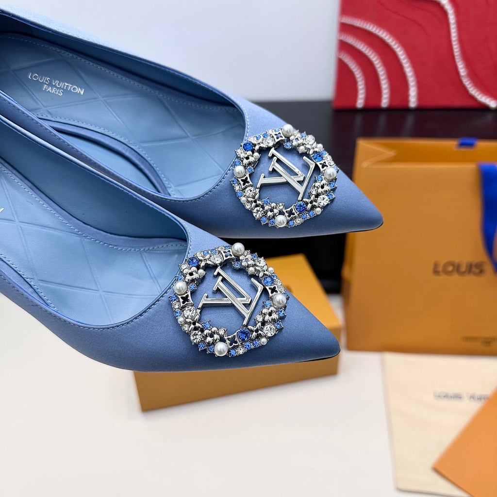 LV 26s Pointed-Toe High Heels 75 Light Blue Premium Satin 622433