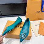 LV 26s Pointed-Toe Ballet Flat Teal Blue Premium Satin 622437