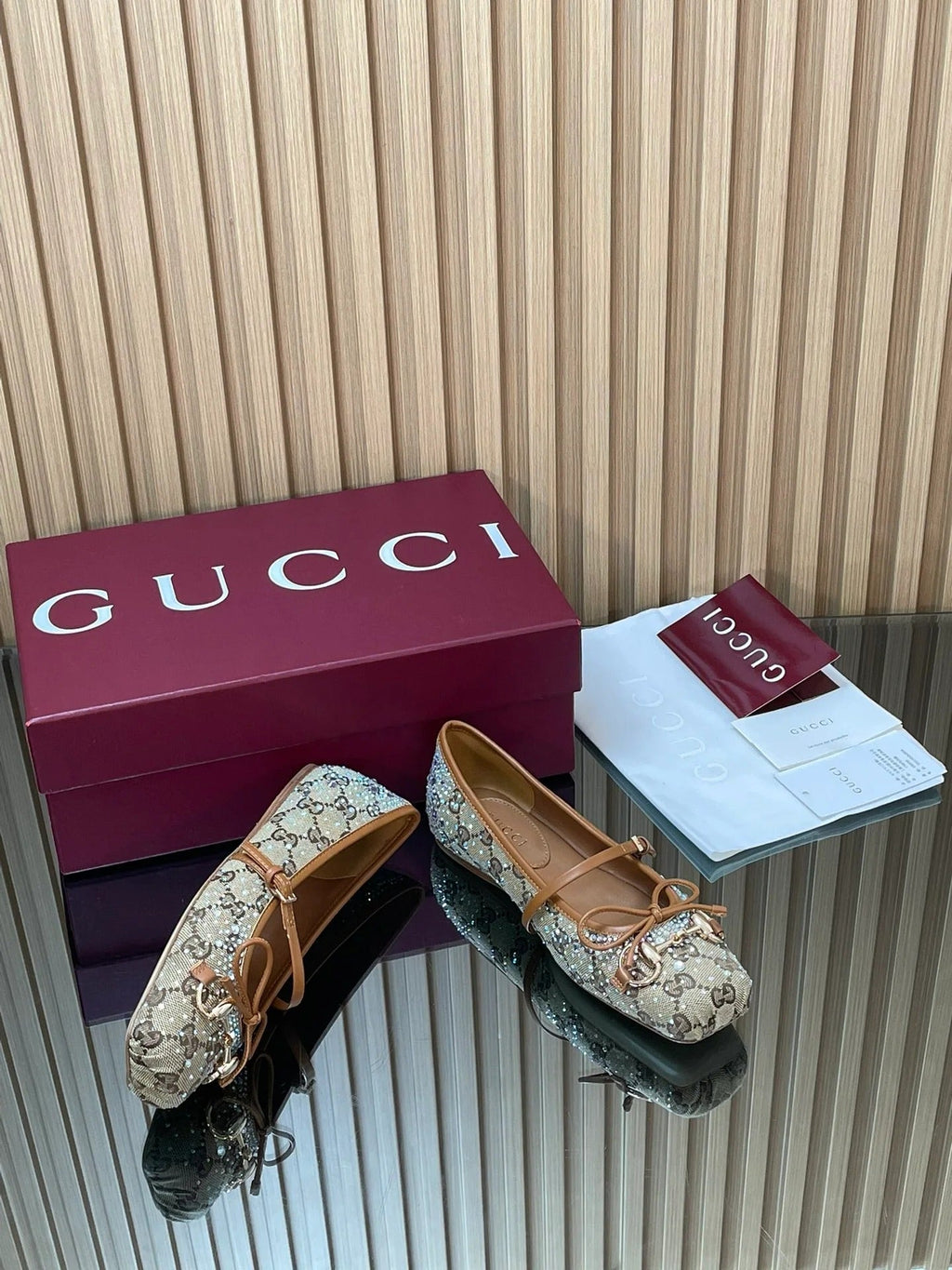 Gucci 2026 Crystal Rhinestone Ballet Flat Beige Brown Canvas Leather 562909