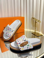 LV 26s Slippers White Multicolor Fabric Sheepskin 616355