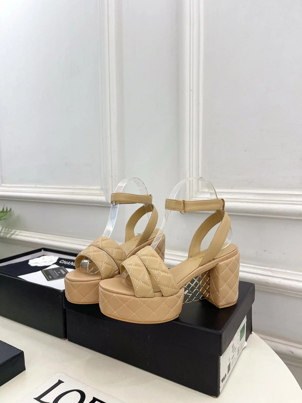 CC 26s HighHeeled Platform Sandals 85 Beige Sheepskin 631869