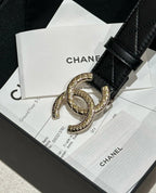 DOUBLE C BELT 30MM IN BLACK CALFSKIN EMBOSSED LOGO GOLD BUCKLE