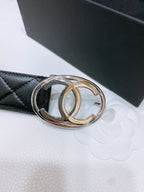 DOUBLE C BELT 38MM IN BLACK QUILTED LAMBSKIN WITH SILVER OVAL BUCKLE AND CENTERED LOGO