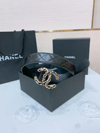 DOUBLE C BELT 38MM IN BLACK QUILTED LAMBSKIN WITH BLACK AND BEIGE LEOPARD PRINT BUCKLE