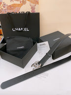 DOUBLE C BELT 40MM IN BLACK CALFSKIN SILVER BUCKLE EMBOSSED WHITE LOGO