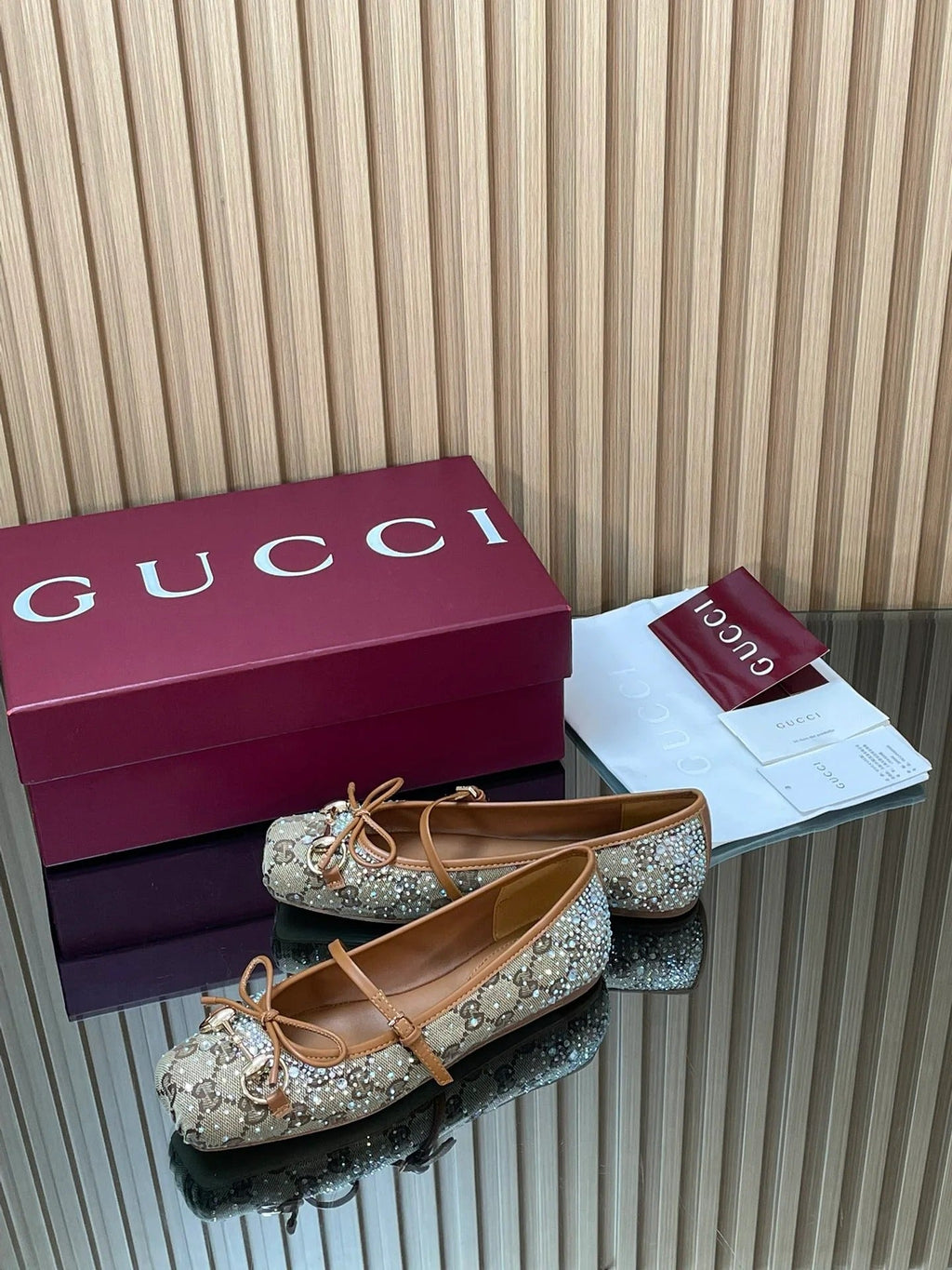 Gucci 2026 Crystal Rhinestone Ballet Flat Beige Brown Canvas Leather 562909