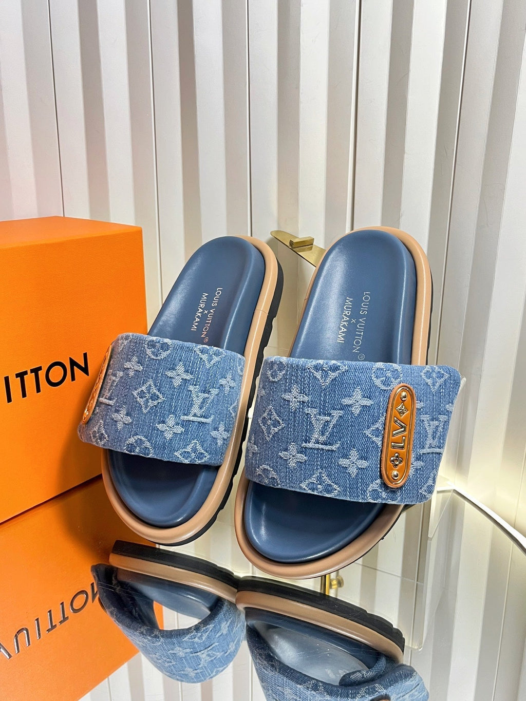LV 26s Slippers Blue Denim Sheepskin 616357
