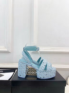 CC 26s HighHeeled Platform Sandals 85 Light Blue Tweed 631865