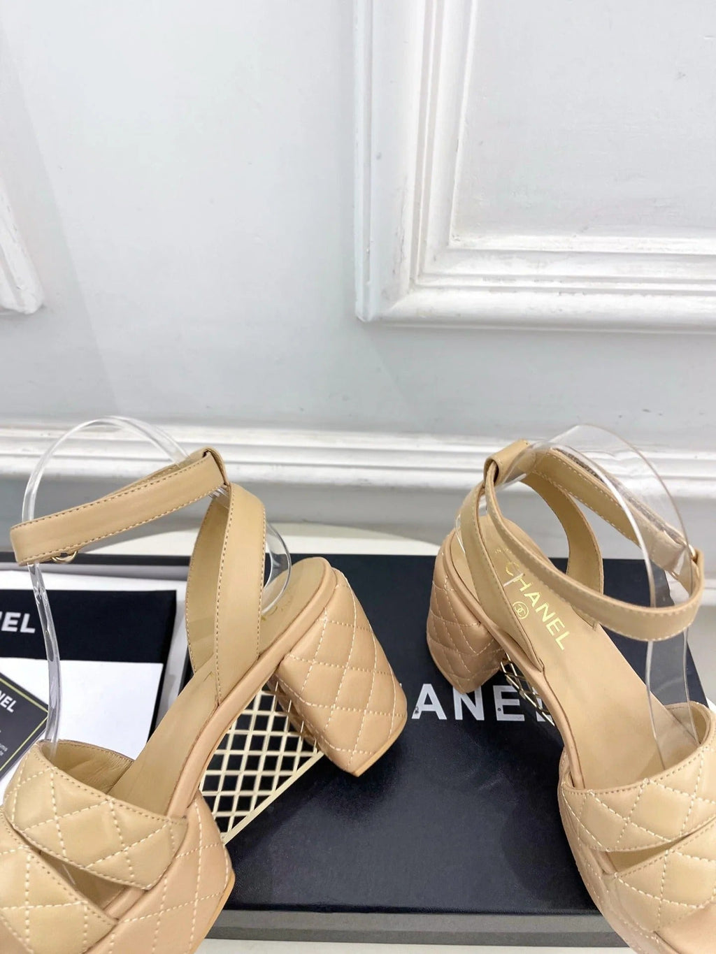 CC 26s HighHeeled Platform Sandals 85 Beige Sheepskin 631869