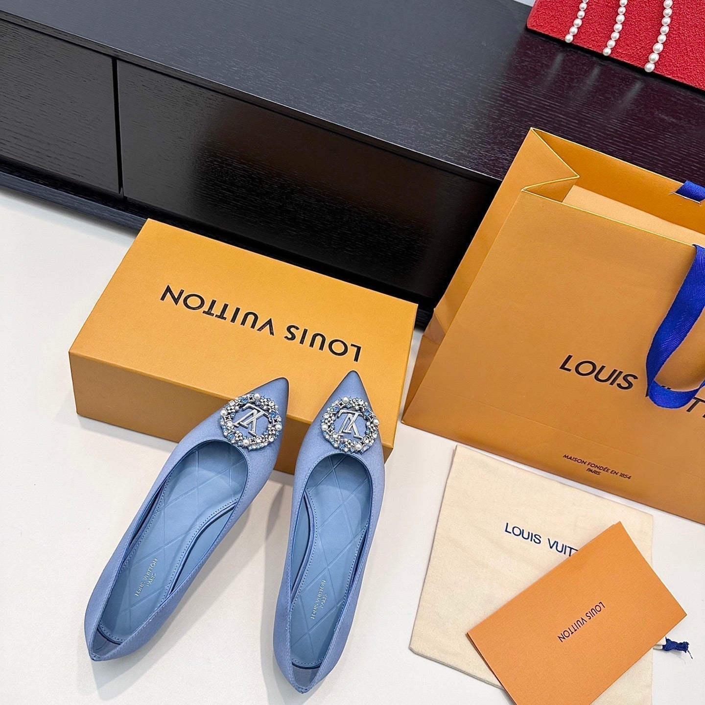 LV 26s Pointed-Toe Ballet Flat Light Blue Premium Satin 622432