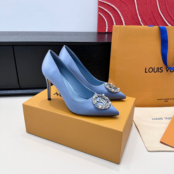 LV 26s Pointed-Toe High Heels 95 Light Blue Premium Satin 622434