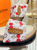 LV 26s Slippers White Beige Red Fabric Sheepskin 616352