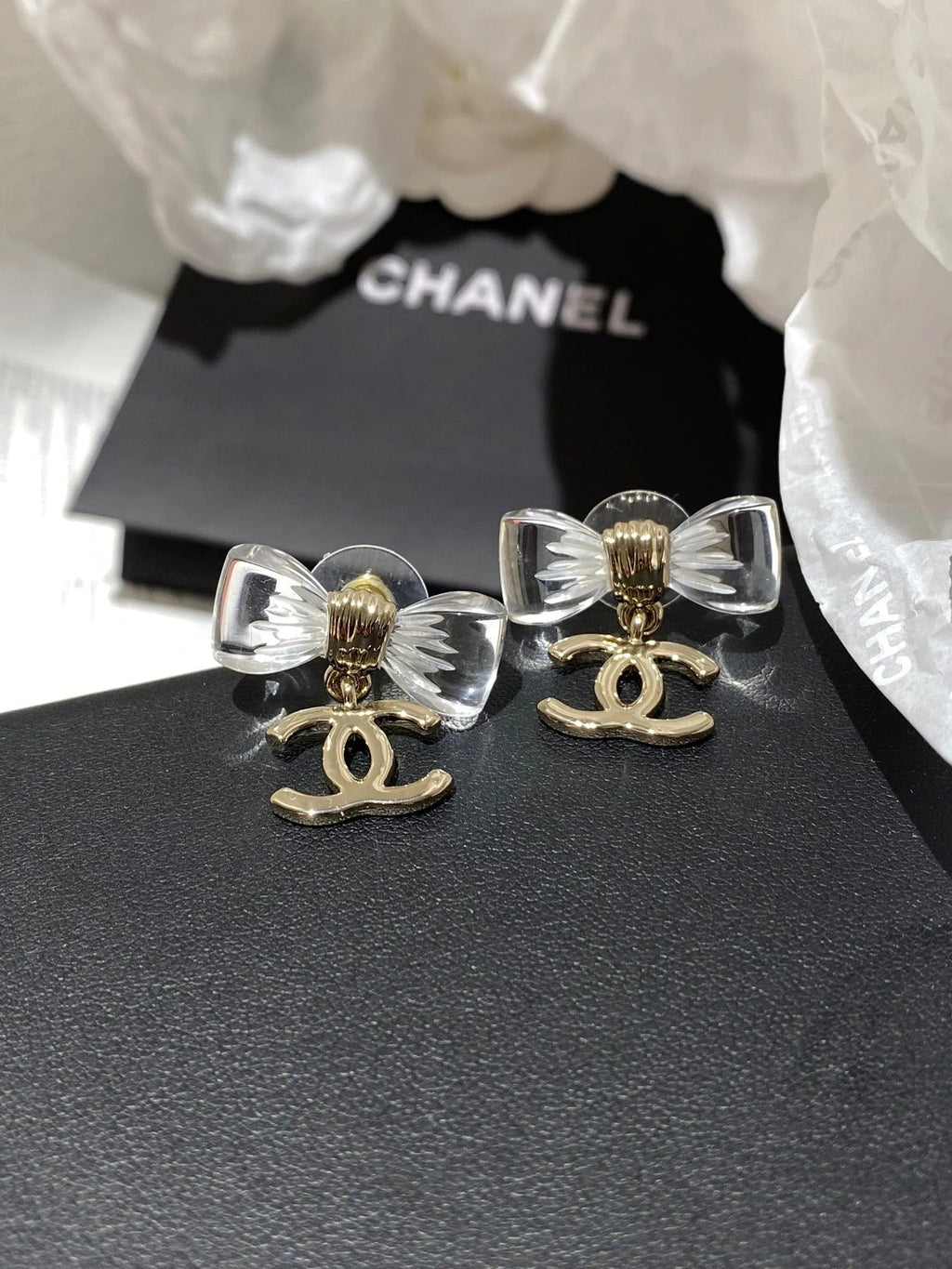 CC Transparent Acrylic Bow Gold Earrings