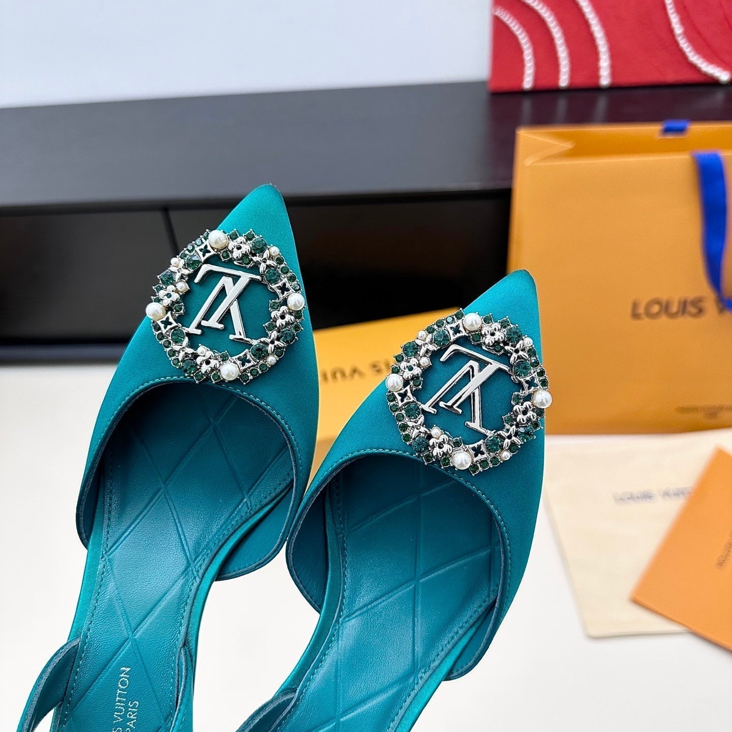 LV 26s Slingback 75 Teal Blue Premium Satin 622440