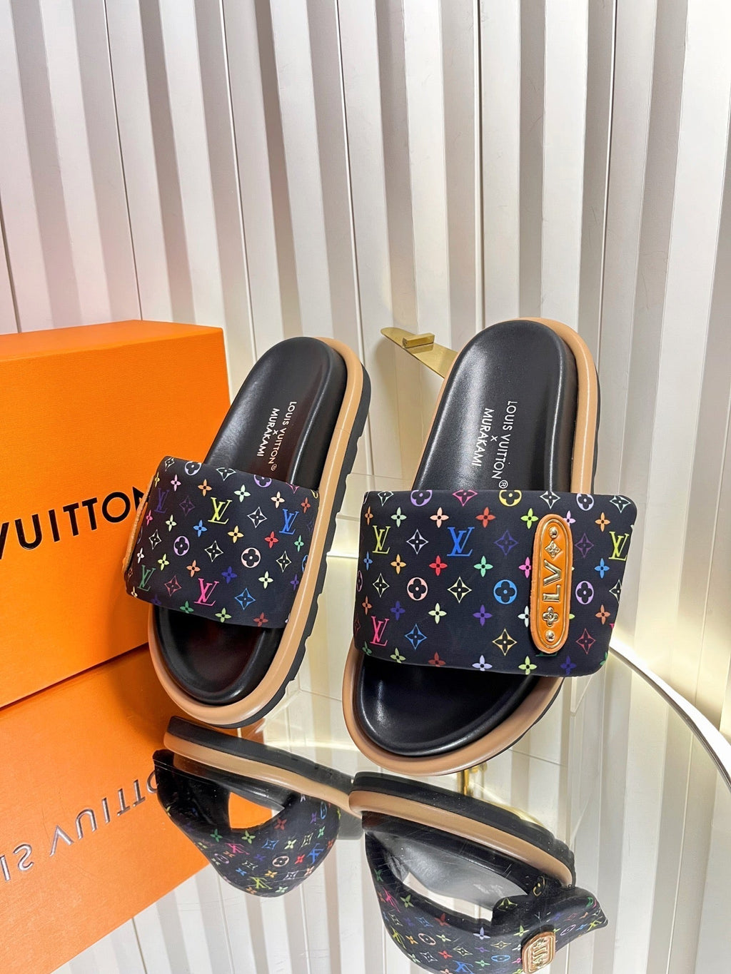 LV 26s Slippers Black Multicolor Fabric Sheepskin 616354