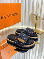 LV 26s Slippers Black Multicolor Fabric Sheepskin 616354
