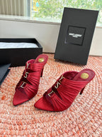 YSL 26ss Pointed High Heels Sandals 110 Dark Red Silk Leather 648787